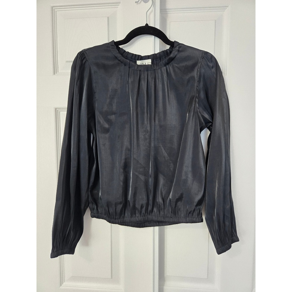 Cloth & Stone Black Iridescent Long Sleeve Blouse Pleated Crew Neck Top xS